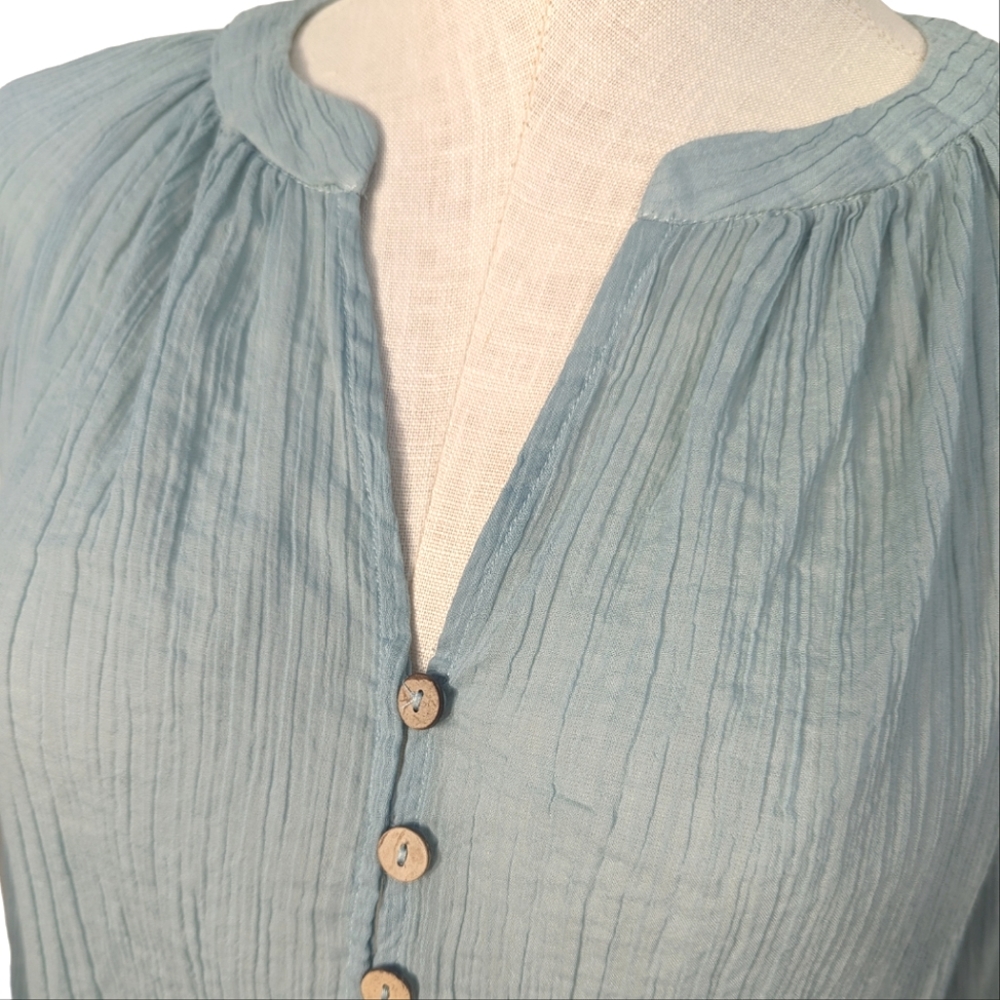 Free People Freya Crinkle Gauze Texture Button Long Sleeve Sheer Blouse Medium - Picture 7 of 10